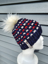 Load image into Gallery viewer, Pritchard Park Beanie - Red, White, and Blue with Luxury Pom - Large