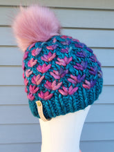Load image into Gallery viewer, Lotus Flower Beanie - Teal with Purple Pink Multicolor and Lux Pom - X-Large