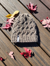 Load image into Gallery viewer, Braided effect beanie in greyish tan color. No pom.