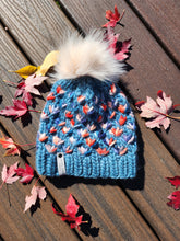 Load image into Gallery viewer, Lotus Flower Beanie - Light Teal with Orange, Red, and Blue Multicolor and Lux Pom - Large