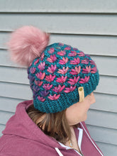Load image into Gallery viewer, Lotus Flower Beanie - Teal with Purple Pink Multicolor and Lux Pom - X-Large