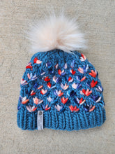 Load image into Gallery viewer, Lotus Flower Beanie - Light Teal with Orange, Red, and Blue Multicolor and Lux Pom - Large