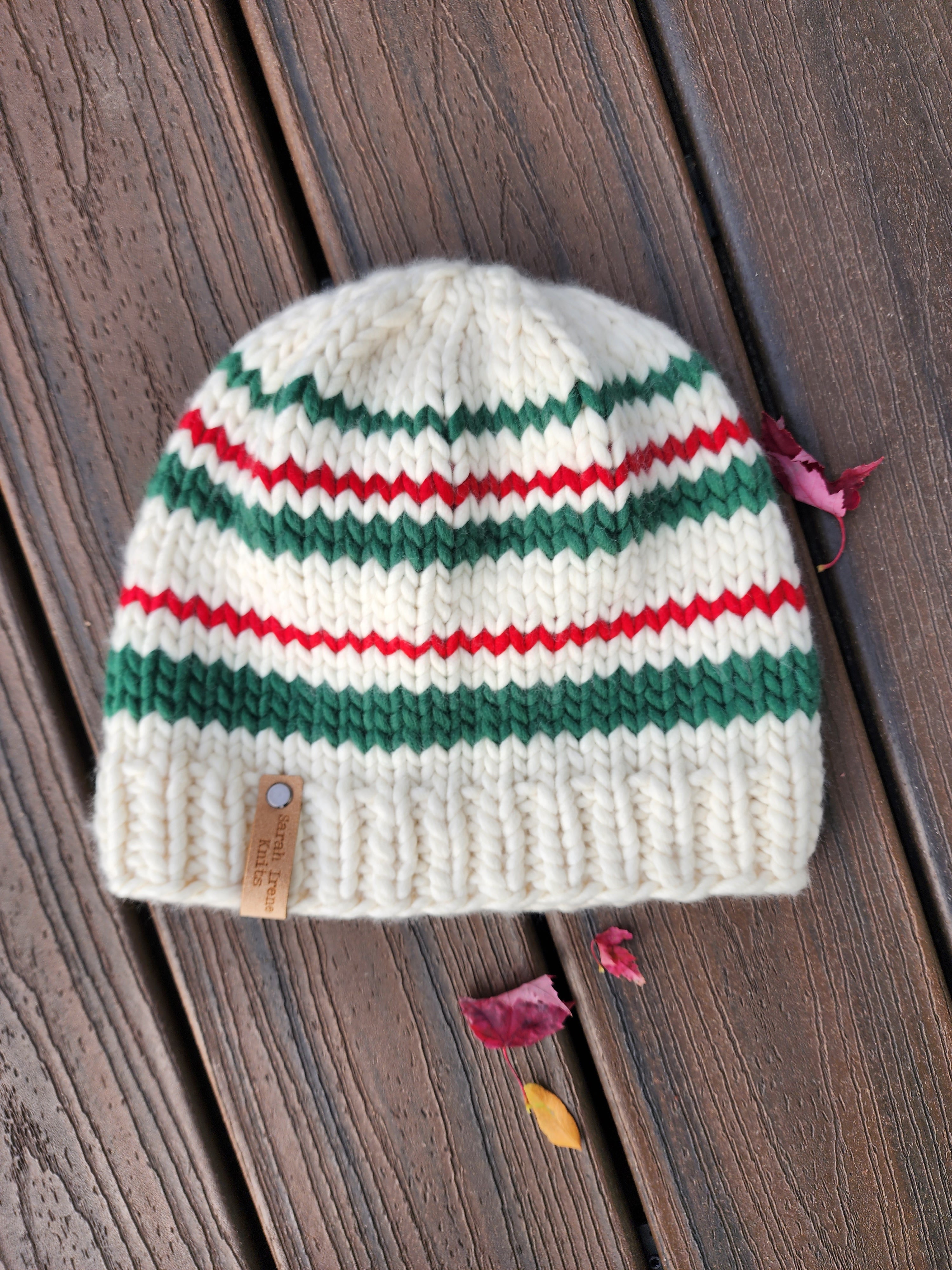 Classic Beanie - Green and Red Striped - X-Large/XXL – Sarah Irene Knits