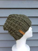 Load image into Gallery viewer, Waffle pattern olive green beanie. No pom.