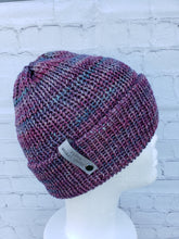 Load image into Gallery viewer, Double brim beanie in multicolor purple, pink, and blue yarn. No pom.