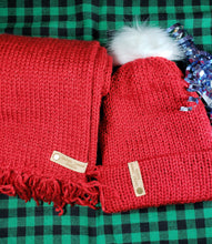 Load image into Gallery viewer, Gift set of sparkling red beanie and matching scarf. Beanie is topped with a white faux fur pom.