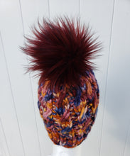 Load image into Gallery viewer, Ascendio Beanie - Orange, Mauve, and Blue Multicolor with Lux Pom - Large