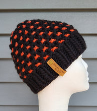 Load image into Gallery viewer, Windowpane effect beanie in black with orange contrast. No pom.