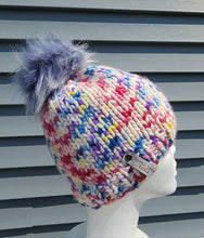 Load image into Gallery viewer, Classic Beanie - Speckled Multicolor with Blue-Grey Pom - X-Large