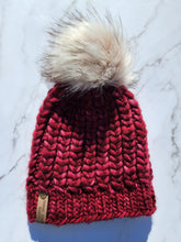 Load image into Gallery viewer, OOAK Beanie - Dark Red Braided Hearts with Pom - Fits Medium to Large
