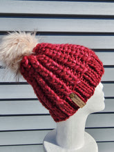 Load image into Gallery viewer, OOAK Beanie - Dark Red Braided Hearts with Pom - Fits Medium to Large