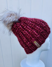 Load image into Gallery viewer, OOAK Beanie - Dark Red Braided Hearts with Pom - Fits Medium to Large