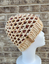 Load image into Gallery viewer, Windowpane effect beanie in ivory with pops of reddish brown. No pom.