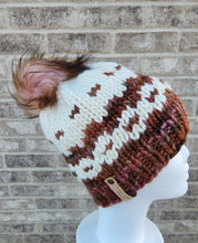 Load image into Gallery viewer, OOAK Beanie - Colorwork Brown, Pink, Ivory with Pom - X-Large
