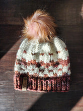 Load image into Gallery viewer, OOAK Beanie - Colorwork Brown, Pink, Ivory with Pom - X-Large