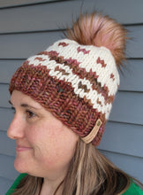 Load image into Gallery viewer, OOAK Beanie - Colorwork Brown, Pink, Ivory with Pom - X-Large