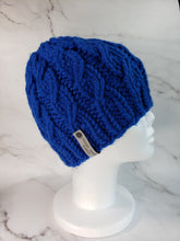 Load image into Gallery viewer, Cable effect beanie in bright blue. No pom.