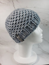Load image into Gallery viewer, Textured beanie in light blue to greyish color. No pom.
