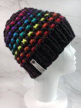 Load image into Gallery viewer, Windowpane effect beanie in black and rainbow. No pom.