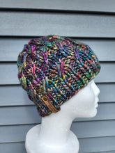 Load image into Gallery viewer, Cable effect beanie in rainbow variegated color. No pom.
