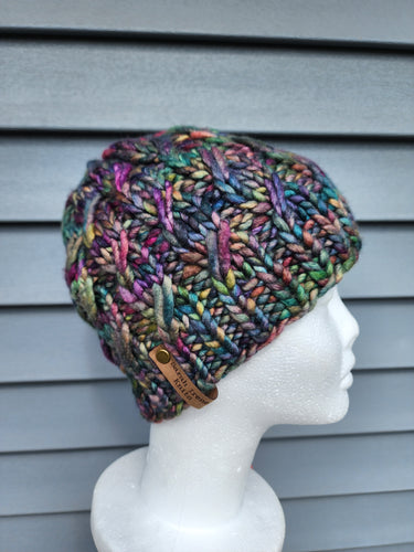Cable effect beanie in rainbow variegated color. No pom.