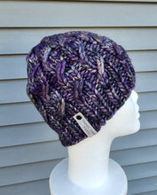 Load image into Gallery viewer, Braided effect beanie in purple grey colors. No pom.
