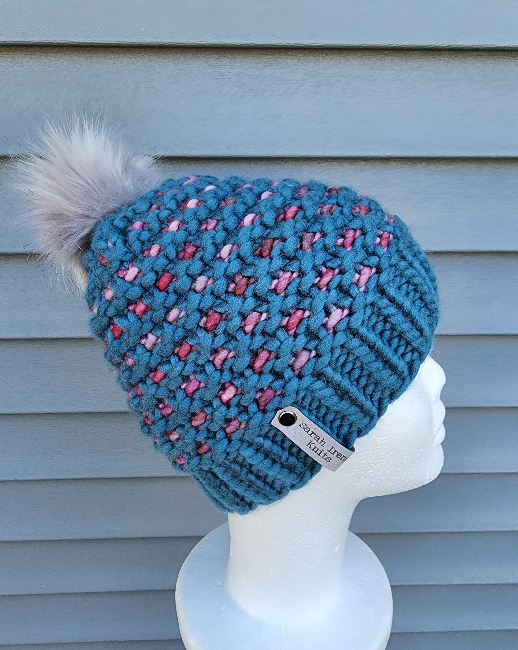 Pritchard Park Beanie - Teal with Pink - Large – Sarah Irene Knits