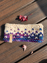 Load image into Gallery viewer, Headband in ivory and blue purple multicolor pattern.
