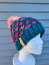 Load image into Gallery viewer, Lotus Flower Beanie - Teal with Purple Pink Multicolor and Lux Pom - X-Large
