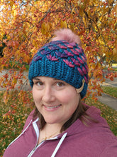 Load image into Gallery viewer, Lotus Flower Beanie - Teal with Purple Pink Multicolor and Lux Pom - X-Large
