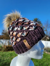 Load image into Gallery viewer, Lotus Flower Beanie - Brown with Tan and Green Multicolor and Lux Pom - Large/XL
