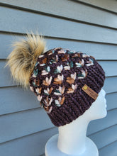 Load image into Gallery viewer, Lotus Flower Beanie - Brown with Tan and Green Multicolor and Lux Pom - Large/XL
