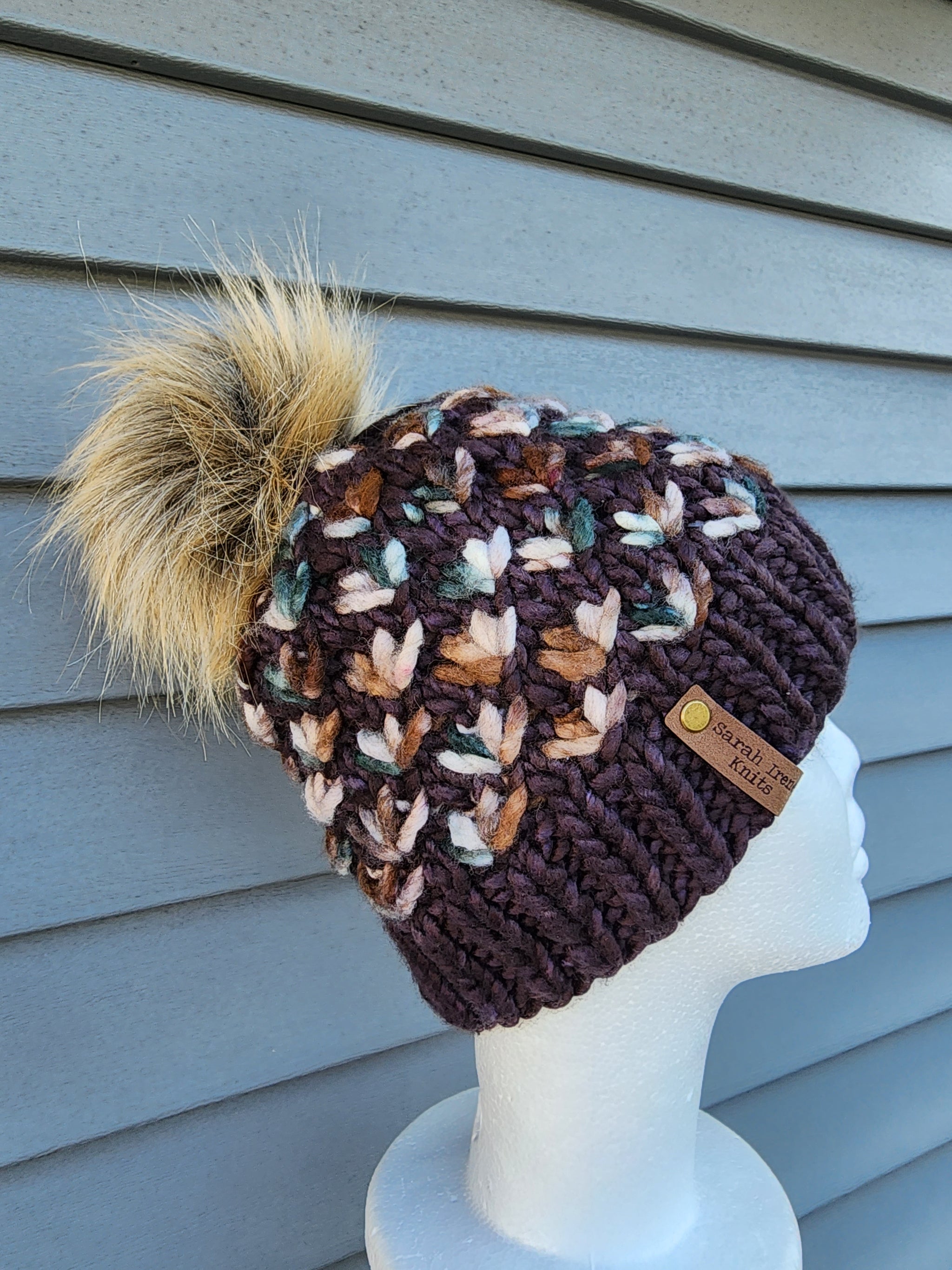 Lotus Flower Beanie - Brown with Tan and Green Multicolor and Lux