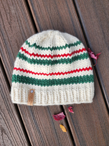 Classic beanie in ivory with green and red stripes. No pom. 