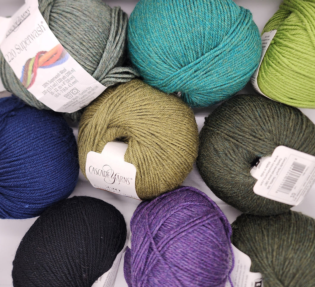 Cascade Yarns 220 Superwash DK yarn bundle - 9 skeins of various colors