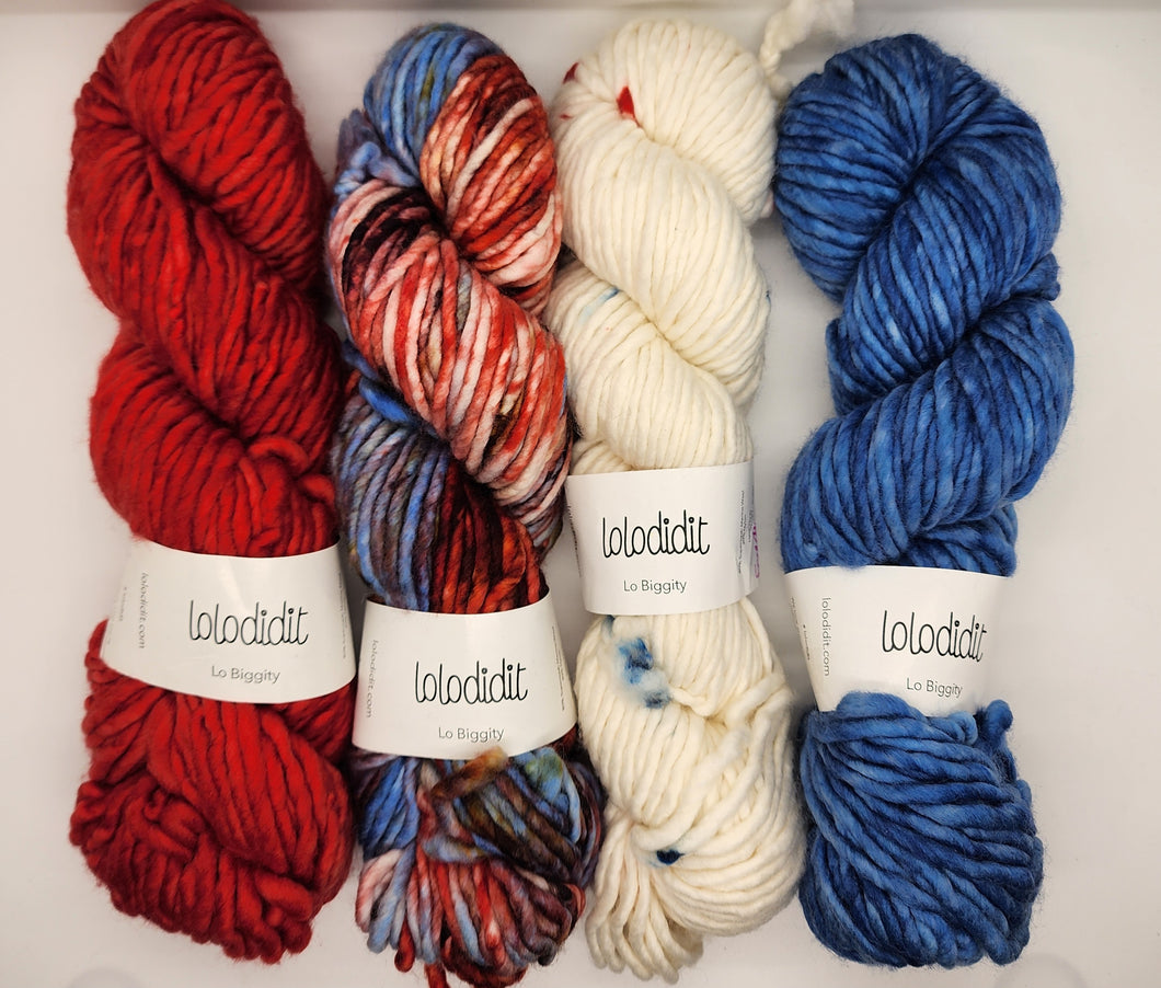 Lolodidit Lo Biggity - 4 skein yarn bundle - red, blue, and white multicolor