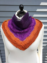Load image into Gallery viewer, Cowl from neck to bust in gradient yarn from dark purple at the neck to lighter purple to orange to darker orange at bust.
