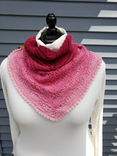 Load image into Gallery viewer, Lacy cowl from neck to bust in gradient yarn -- red at neck to light pink at bust.
