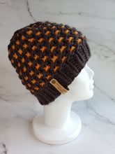 Load image into Gallery viewer, Windowpane effect beanie in brown with orange contrast. No pom.
