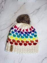 Load image into Gallery viewer, Lotus Flower Beanie - Natural Ivory Rainbow with Pink row on top - X-Large
