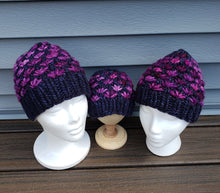 Load image into Gallery viewer, Various sizes of navy blue lotus flower beanie with purple and pink flowers.
