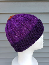 Load image into Gallery viewer, Ribbed beanie in purple to orange gradient with orange crown. No pom.
