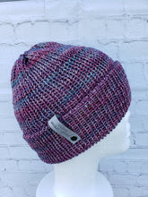 Load image into Gallery viewer, Double brim beanie in multicolor purple, pink, and blue yarn. No pom.
