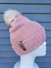 Load image into Gallery viewer, Pink double brim beanie topped with an ivory faux fur pom.
