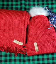 Load image into Gallery viewer, Gift set of sparkling red beanie and matching scarf. Beanie is topped with a white faux fur pom.
