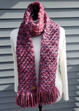 Load image into Gallery viewer, Rose pink and purple multicolor scarf with lotus pattern and fringe on a dressform model.
