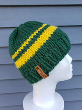Load image into Gallery viewer, Green classic beanie with yellow stripes. No pom.
