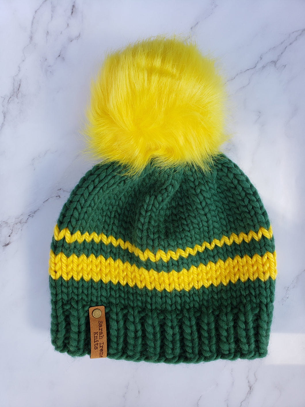 Classic Beanie - Sports Fan Green and Yellow with Lux Pom - Large