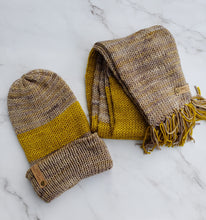 Load image into Gallery viewer, Beanie and scarf in matching yellow ochre and grey with yellow speckles.
