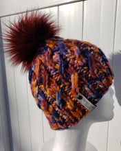 Load image into Gallery viewer, Ascendio Beanie - Orange, Mauve, and Blue Multicolor with Lux Pom - Large
